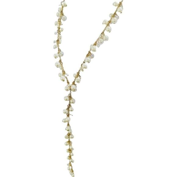 Vintage White Faux Pearl Cluster Gold Tone Drop Long Chain Link Y Necklace 26” - Picture 4 of 8